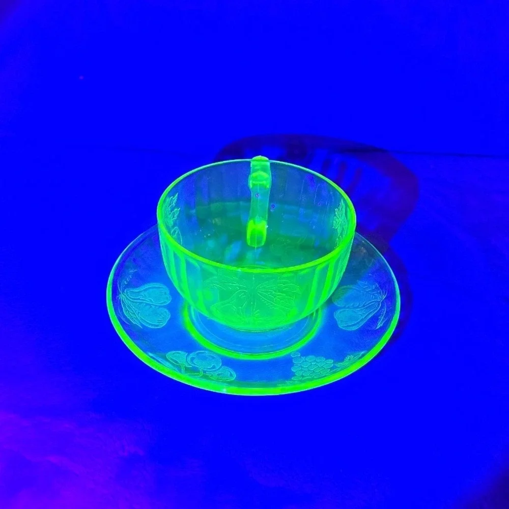 Vintage Hazel Atlas Green Uranium Glass Fruit Pattern Tea Cup and Saucer Set